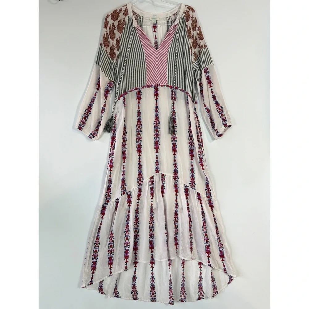 Sundance Laisella Kaftan Dress Womens S White Embroidered Tassel Ruffle Maxi - Picture 1 of 15
